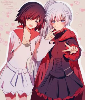 2girls akane031 artist_name blue_eyes blush closed_eyes cosplay costume_switch dress gradient_hair heart highres long_hair multicolored_hair multiple_girls red_dress red_hair ruby_rose rwby scar scar_across_eye scar_on_face short_hair v weiss_schnee white_dress white_hair yuri