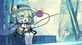 +_+ 1girl absurdres black_hat black_skirt blush chibi fish fishing green_hair hair_between_eyes hat hat_ribbon highres koishi_komeiji's_heart-throbbing_adventure komeiji_koishi large_hat long_hair open_mouth pantyhose ribbon shirt sidelocks sitting skirt touhou uni_draws white_pantyhose yellow_ribbon yellow_shirt