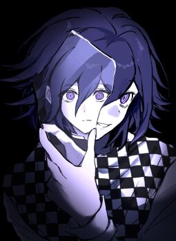 Rule 34 | 1boy, black background, checkered clothes, checkered scarf, closed mouth, commentary request, danganronpa (series), danganronpa v3: killing harmony, danjong 8, dark background, different reflection, flipped hair, glass shard, hair between eyes, hand up, highres, holding glass shard, long sleeves, looking at viewer, male focus, mirror, oma kokichi, pale skin, purple eyes, purple hair, reflection, ringed eyes, scarf, short hair, smile, solo, two-tone scarf, upper body, wide-eyed