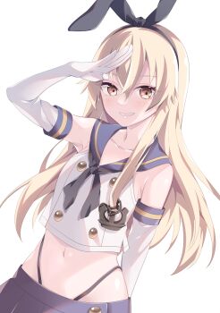 1girl anchor_hair_ornament black_panties blonde_hair blush brown_eyes collarbone commentary_request crop_top elbow_gloves gloves hair_between_eyes hair_ornament highleg highleg_panties kantai_collection kukimmaru666 long_hair looking_at_viewer navel panties purple_skirt salute school_uniform serafuku shimakaze_(kancolle) simple_background skirt smile solo underwear white_background white_gloves white_serafuku