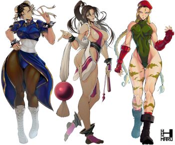 Rule 34 | arm guards, ass, bare shoulders, breasts, brown eyes, brown hair, cammy white, capcom, chun-li, cleavage, curvy, fatal fury, folded fan, folding fan, hand fan, high ponytail, highleg, highleg leotard, highres, holding, holding fan, huge ass, japanese clothes, kinohmaro, large breasts, leotard, long hair, looking at viewer, motoyui, ninja, pelvic curtain, ponytail, revealing clothes, rope, shiranui mai, smile, snk, street fighter, the king of fighters, thighs, thong leotard, wide hips, wrist guards