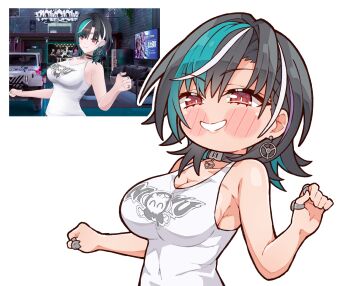 1girl aqua_streaks black_choker black_hair breasts choker cleavage closed_mouth highres hololive hololive_dev_is kukie-nyan large_breasts looking_at_viewer medium_hair multicolored_hair photo-referenced purple_streaks red_eyes rindo_chihaya rindo_chihaya_(1st_costume) shirt smile solo streaked_hair virtual_youtuber white_background white_shirt white_streaks
