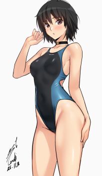 1girl absurdres amagami black_choker black_hair blush breasts choker clothes_lift competition_swimsuit covered_navel dated hand_on_own_thigh highleg highleg_one-piece_swimsuit highres looking_at_viewer medium_breasts multicolored_swimsuit nanasaki_ai one-piece_swimsuit short_hair signature simple_background skirt skirt_lift solo swimsuit white_background yoo_tenchi