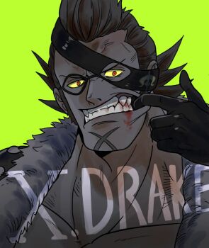 1boy black_gloves blood blood_on_face character_name cheek_pull collarbone colored_sclera commentary_request gloves high_contrast living_(pixiv5031111) looking_at_viewer male_focus mask_over_one_eye mature_male one_piece red_eyes scar scar_on_chin scar_on_face short_hair simple_background solo thick_neck upper_body x_drake yellow_sclera