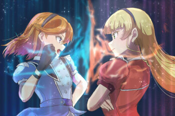 2girls aura black_gloves black_hairband blonde_hair blue_background blue_dress blunt_bangs clenched_hand commentary crossed_arms dazzling_game dress drill_hair english_commentary gloves green_eyes hairband heanna_sumire highres long_hair looking_at_another love_live! love_live!_superstar!! multiple_girls open_mouth orange_hair puffy_short_sleeves puffy_sleeves purple_eyes red_dress shibuya_kanon short_sleeves split_screen swept_bangs yu_lettuce