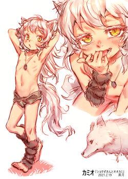 1boy :o animal animal_ears armband arms_behind_head arms_up bare_pectorals barefoot brown_loincloth casual colored_eyelashes commentary_request feet full_body highres jewelry kurotsuki_(luowei99) legband licking licking_finger loincloth long_hair male_focus navel necklace nipples open_mouth original pectorals ribs scar scar_on_face stomach tail thighs tongue tongue_out transformation white_eyelashes white_hair white_tail wolf yellow_eyes