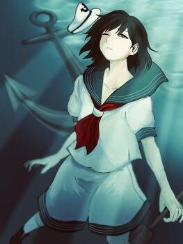 1girl anchor anchor_symbol black_hair black_shoes collared_shirt commentary_request floating_clothes foot_out_of_frame green_eyes hat highres holding holding_ladle ladle looking_at_viewer mini_hat murasa_minamitsu neckerchief one_eye_closed red_neckerchief ruio_(bdpqsosbdpq) sailor_collar sailor_hat shirt shoes short_hair short_sleeves shorts socks solo touhou underwater unworn_hat unworn_headwear white_hat white_shirt white_shorts white_socks