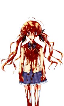 1girl antenna_hair black_bow blazer blonde_hair blood blood_in_hair blood_on_clothes blood_on_face blood_on_hands blood_on_leg blood_splatter bow bowtie breasts brown_eyes brown_jacket chaos;head collared_shirt crazy_eyes crazy_smile dress_shirt empty_eyes game_cg hair_bow jacket looking_at_viewer matsuo_yukihiro miniskirt non-web_source official_art orihara_kozue petticoat plaid_bow plaid_bowtie plaid_clothes plaid_skirt purple_bow purple_bowtie school_uniform science_adventure shirt skirt small_breasts smile solo sprite suimei_academy_school_uniform thighhighs transparent_background twintails white_shirt white_thighhighs winter_uniform zettai_ryouiki