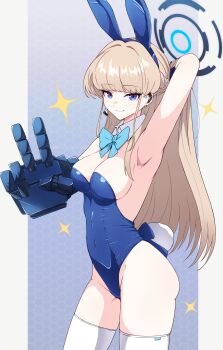 1girl absurdres animal_ear_hairband animal_ears arm_up armpits blonde_hair blue_archive blue_bow blue_bowtie blue_eyes blue_halo blue_leotard bow bowtie breasts cleavage closed_mouth covered_navel earpiece fake_animal_ears hairband halo highres kaiju_ryoku leotard long_hair mechanical_arms medium_breasts pillarboxed rabbit_ear_hairband rabbit_ears rabbit_tail single_mechanical_arm smile solo tail thighhighs thighs toki_(blue_archive) toki_(bunny)_(blue_archive) v very_long_hair white_thighhighs