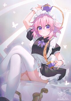 1girl artist_name binato_lulu black_dress breasts closed_mouth commentary crossed_legs cup dress english_commentary frilled_dress frills highres looking_at_viewer maid maid_headdress neptune_(neptunia) neptune_(series) on_table pink_hair pouring puffy_short_sleeves puffy_sleeves purple_eyes short_hair short_sleeves signature sitting small_breasts smile solo table teacup teapot thighhighs white_thighhighs white_wrist_cuffs wrist_cuffs