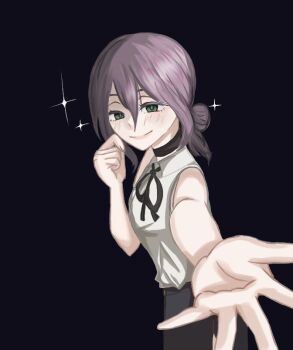 1girl black_background black_choker black_ribbon black_shorts c_cv2a chainsaw_man choker collared_shirt green_eyes hair_between_eyes hair_bun looking_at_viewer neck_ribbon outstretched_arm purple_hair reze_(chainsaw_man) ribbon shirt shirt_tucked_in shorts solo white_shirt