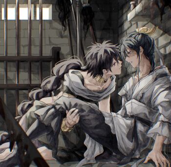 2boys arabian_clothes black_hair blue_eyes blue_hair braid braided_ponytail chinese_clothes clenched_teeth hanfu highres indoors jewelry judal laem_krel long_hair magi_the_labyrinth_of_magic male_focus medium_hair mole mole_under_mouth multiple_boys neck_ring on_ground open_mouth pants polearm red_eyes ren_hakuryuu scar scar_across_eye scar_on_face single_braid sitting spear teeth weapon xiao_guan_(headdress) yaoi