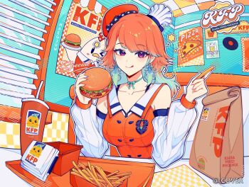 1girl :q beret breasts burger buttons chef_hat colored_inner_hair commentary copyright_notice detached_sleeves double-breasted english_commentary fast_food feathers food french_fries gradient_hair green_feathers green_hair hands_up hat heart heart_in_eye holding holding_burger holding_food hololive hololive_english indoors kfp kfp_employee_(takanashi_kiara) large_breasts licking_lips long_hair looking_at_viewer maegjuw mini_hat multicolored_hair multiple_hats official_art orange_hair orange_hat orange_vest purple_eyes ribbed_sleeves smile solo swept_bangs symbol_in_eye takanashi_kiara takanashi_kiara_(1st_costume) tongue tongue_out vest virtual_youtuber white_hat white_sleeves
