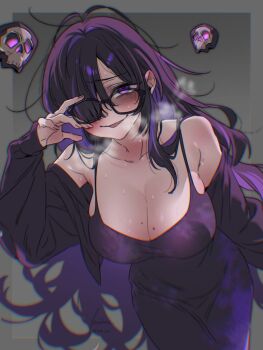 1girl black_dress black_hair black_sweater border breasts cleavage colored_inner_hair commentary_request dress glasses goddess_of_victory:_nikke grey_background grey_border highres huge_breasts itsk_ne label_(nikke) long_hair looking_at_viewer messy_hair multicolored_hair parted_lips purple_eyes purple_hair simple_background skull solo sweater two-tone_hair very_long_hair