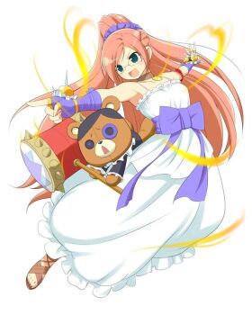 1girl :d armpits blue_eyes blush bow breasts brown_choker brown_sandals button_eyes buttons choker collarbone dress energy fingerless_gloves frilled_dress frills glasses gloves gold_pendant hair_ornament hair_scrunchie hammer holding holding_hammer holding_mallet huge_bow long_hair mallet open_mouth orange_hair pendant_choker ponytail purple_bow purple_gloves purple_scrunchie ranmaru_(senran_kagura) ribbon sandals scrunchie senran_kagura senran_kagura_new_wave simple_background small_breasts smile stuffed_animal stuffed_toy teddy_bear tongue v-shaped_eyebrows waist_bow white_background white_dress wrist_ribbon