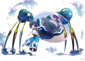 1girl absurdres araquanid bare_arms blue_eyes blue_hair blue_pants capri_pants commentary_request covered_navel eyelashes fishing_rod flip-flops gen_7_pokemon highres holding holding_fishing_rod lana_(pokemon) looking_at_viewer nintendo no_sclera odd_(hin_yari) one-piece_swimsuit open_mouth pants pokemon pokemon_(creature) pokemon_sm sandals shirt signature sleeveless sleeveless_shirt swimsuit swimsuit_under_clothes tongue watermark