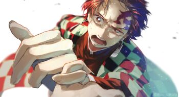 2boys angry blurry brown_hair checkered_clothes checkered_haori crying crying_with_eyes_open demon_slayer_uniform earrings fingernails green_haori hanafuda_earrings haori highres holding_hands jacket japanese_clothes jewelry kamado_tanjirou kimetsu_no_yaiba long_sleeves looking_at_viewer male_focus mau_sakura multiple_boys open_mouth out_of_frame pov pov_hands red_eyes red_hair scar scar_on_face scar_on_forehead short_hair simple_background solo_focus tears teeth twitter_username upper_body white_background