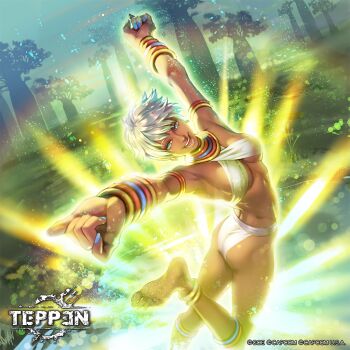 Rule 34 | 1girl, anklet, ass, blue eyes, blue sky, bracelet, breasts, cloud, dark-skinned female, dark skin, day, elena (street fighter), grass, jewelry, jumping, looking at viewer, looking up, medium breasts, nature, neck ring, official art, open mouth, short hair, sky, smile, street fighter, street fighter iii, street fighter iii: new generation, street fighter iii (series), swimsuit, teeth, temoshi, teppen, tongue, tree, underboob, white hair