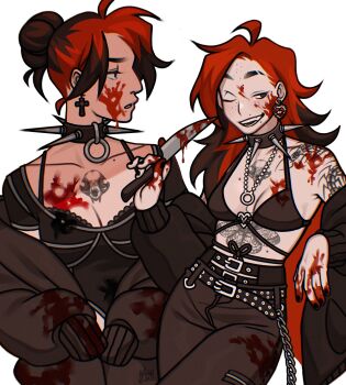 1girl back bead_necklace beads belt bikini bikini_top_only black_belt black_bra black_jacket blood blood_on_face blood_on_hands bloody_weapon body_freckles bra bra_strap breasts brown_hair chain chest_tattoo cleavage collar collarbone commentary cross cross_earrings earrings english_commentary eyebrow_cut freckles gluca hair_bun heart heart_earrings highres holding holding_knife jacket jewelry knife mole mole_on_chest mole_under_mouth multicolored_hair necklace o-ring o-ring_bikini off_shoulder one_eye_closed open_mouth real_life red_hair self-portrait shoulder_tattoo single_hair_bun sleeves_past_fingers sleeves_past_wrists small_breasts smile spiked_collar spikes stomach_tattoo streaked_hair swimsuit tattoo two-sided_fabric two-sided_jacket two-tone_hair underwear weapon