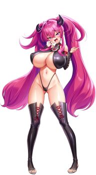 1girl absurdres akagi_rio black_horns blush boots breasts cameltoe cleavage_cutout clothing_cutout collar covered_erect_nipples curved_horns detached_sleeves dragon_girl dyzenia_dracour fang full_body game_cg gloves gluteal_fold highres horns huge_breasts latex_top long_hair looking_at_viewer mesugaki motto!_haramase!_(series) motto!_haramase!_honoo_no_oppai_isekai_oppai_maid_gakuen! naughty_face non-web_source official_art open-toe_boots open_mouth pink_hair purple_eyes raised_inner_eyebrows red_collar skindentation smile smug sprite_art tachi-e teasing thigh_boots thong transparent_background twintails underboob very_long_hair