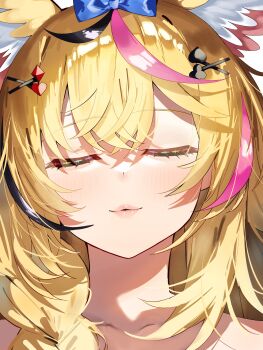 1girl absurdres animal_ears blonde_hair blue_bow bow braid closed_eyes club_hair_ornament diamond_hair_ornament facing_viewer fox_ears fox_girl hair_bow hair_ornament heart heart_hair_ornament highres hololive lips long_hair multicolored_hair omaru_polka pink_streaks portrait puckered_lips solo spade_hair_ornament streaked_hair tsushi virtual_youtuber x_hair_ornament