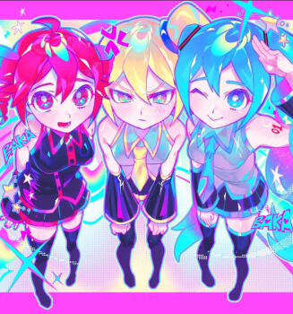 3girls ahoge akita_neru anger_vein angry arm_up bare_shoulders black_boots black_shirt black_skirt black_sleeves blonde_hair blue_eyes blue_hair blue_necktie blue_trim boots border breasts bright_pupils buttons closed_mouth collared_shirt colorful_background detached_sleeves drill_hair grey_shirt hair_between_eyes hair_ornament hatsune_miku iro_(mywife_sunny) kasane_teto kasane_teto_(utau) letterboxed long_hair looking_at_viewer medium_breasts miniskirt multiple_girls necktie non-web_source one_eye_closed open_mouth outside_border pink_border pink_trim red_eyes red_hair salute shirt short_hair shoulder_tattoo side_ponytail skirt sleeveless sleeveless_shirt smile sparkle standing star_(symbol) tattoo thigh_boots triple_baka_(group) twin_drills twintails utau very_long_hair vocaloid white_pupils yellow_necktie yellow_trim