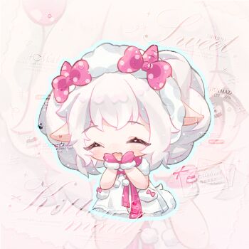 1girl ^_^ animal_ears bare_arms blue_outline bow bowtie chibi chinese_commentary closed_eyes commentary_request commission cosplay cropped_legs curly_hair dot_nose dress eyelashes fang fur-trimmed_mittens fur_hairband fur_sleeves fur_trim goat_ears goat_girl goat_horns hair_bow hairband hands_on_own_chin happy horns lanlan_zhi_jiabing light_blush light_particles mei_yangyang mei_yangyang_(cosplay) mittens nikki_(series) open_mouth outline pink_bow pink_bowtie pink_horns pink_mittens pink_snowprint_(shining_nikki) pocket polka_dot polka_dot_bow pom_pom_(clothes) puffy_short_sleeves puffy_sleeves sample_watermark shining_nikki short_hair short_sleeves skin_fang small_horns smile solo striped_horns too_many_watermarks watermark white_background white_dress white_hair white_hairband xiyangyang_yu_huitailang zoom_layer