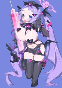 1girl absurdres alternate_costume areola_slip black_gloves black_thighhighs blue_archive blue_eyes blush breasts commentary english_commentary fang gloves halo hanae_(blue_archive) hat heart_pasties highres holding holding_syringe large_breasts long_hair looking_at_viewer navel nemo_(leafnight) nurse_cap open_mouth pasties purple_background purple_hair revealing_clothes simple_background skin_fang smile solo standing syringe thighhighs twintails wings