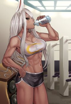 1girl animal_ears black_shorts boku_no_hero_academia bottle breasts brown_eyes ceiling_light clothing_cutout collarbone commentary dark-skinned_female dark_skin dolphin_shorts drinking exercise_machine gym highres holding holding_bottle indoors large_breasts long_eyelashes long_hair looking_at_viewer mirko navel nicomamu profile rabbit_ears rabbit_girl rabbit_tail shirt shorts solo spanish_commentary sports_bra sweat tail tail_through_clothes toned toned_female very_long_hair water_bottle weights white_shirt white_sports_bra