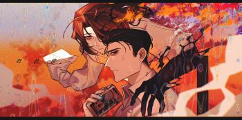 2boys absurdres bags_under_eyes black_eyes black_hair brown_hair burning camera chromatic_aberration closed_mouth collared_shirt dress_shirt expressionless facial_hair flute formal_clothes from_side glasses gregor_(project_moon) hair_between_eyes hair_over_one_eye hair_slicked_back half-closed_eyes hand_on_another's_shoulder hand_up hands_on_another's_shoulders hands_up highres holding holding_flute holding_instrument instrument jewelry jitome limbus_company long_hair long_sleeves looking_at_viewer looking_to_the_side low_ponytail male_focus messy_hair meursault_(project_moon) multiple_boys one_eye_covered orange_background parted_bangs parted_lips ponytail profile project_moon recorder ring sanpaku shadow shadow_hands shirt short_hair sideways_glance sleeve_tied_shut smoke static stubble sweatdrop upper_body white_shirt yasuihiruya yellow_eyes