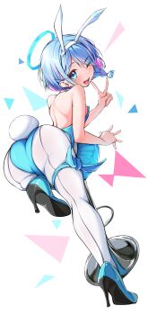 1girl ;d absurdres alternate_costume animal_ear_hairband animal_ears arona_(blue_archive) ass back bar_stool bare_back bare_shoulders bent_over blue_archive blue_eyes blue_hair blue_halo blue_leotard blue_shoes blush braid breasts choker colored_inner_hair commentary_request dutch_angle fake_animal_ears fake_tail fingernails foreshortening from_behind full_body hairband halo hand_up happy heart heart_sticker high_heels highleg highleg_leotard highres leg_ribbon legs leotard loli looking_at_viewer looking_back multicolored_hair nojikorirakkusu on_stool one_eye_closed open_mouth pantyhose pink_hair playboy_bunny rabbit_ears rabbit_tail ribbon shoes short_hair simple_background single_braid small_breasts smile solo standing standing_on_one_leg sticker sticker_on_face stool strapless strapless_leotard tail teeth thigh_ribbon thighs tongue two-tone_hair v white_background white_choker white_hairband white_pantyhose wink