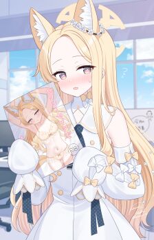 1girl :d animal_ear_fluff animal_ears armpits bare_shoulders blonde_hair blue_archive blurry blurry_background blush book bow bra bright_pupils character_print collarbone commentary content_rating cover cover_page cowboy_shot cross_halo day detached_sleeves doodle_sensei_(blue_archive) double_bun doujin_cover doujinshi dress embarrassed extra_ears eyelashes flying_sweatdrops forehead fox_ears fox_girl frilled_underwear hair_bun halo highres holding holding_book indoors kurumi_lm loli long_hair looking_at_viewer multicolored_eyes navel nose_blush open_mouth panties parted_bangs pink_eyes seia_(blue_archive) sensei_(blue_archive) sidelocks signature sleeve_bow sleeveless sleeveless_dress sleeves_past_fingers sleeves_past_wrists smile solo sorry_for_being_sexy_yuni stomach straight_hair sweatdrop translated twitter_username two-tone_eyes underwear underwear_only very_long_hair white_bow white_dress white_pupils wide_sleeves window yellow_bow yellow_bra yellow_eyes yellow_halo yellow_panties