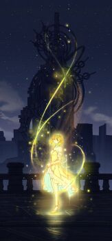 Rule 34 | 1girl, aura, city, commentary, dress, final fantasy, final fantasy xiv, glowing, high heels, highres, light particles, looking at viewer, night, railing, shrimp sandwich, sky, smile, solo, sphene (ff14), star (sky), starry sky, statue, untranslatable commentary, tiara, tower