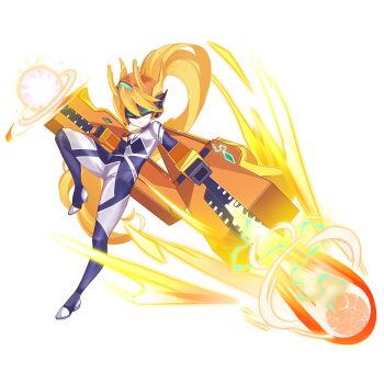 1girl absurdres aizeis alternate_costume arm_cannon blonde_hair bodystocking boots breasts ciel_(mega_man) commission commissioner_upload dragon_horns fake_horns fire flamethrower forehead_jewel frown full_body gauntlets gloves glowing glowing_eyes helmet highres holding holding_weapon horned_helmet horns incoming_attack long_hair mega_man_(series) mega_man_zero_(series) mega_man_zx model_f_(mega_man) no_armor non-web_source petite ponytail small_breasts solo thigh_armor transparent_background weapon