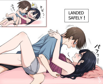 1boy 1girl accidental_pervert bare_arms bare_shoulders black_hair black_shorts blue_shirt boku_no_kokoro_no_yabai_yatsu boy_on_top breasts brown_eyes chibi cleavage collarbone couple cropped_shirt english_text grey_shorts hair_over_one_eye hetero highres hug ichikawa_kyoutarou long_hair lying medium_breasts mole mole_on_neck multiple_moles multiple_views narumi_(62rimi) navel on_back profile purple_shirt ringed_eyes shirt short_hair short_shorts shorts signature simple_background sitting sound_effects spaghetti_strap t-shirt white_background yamada_anna