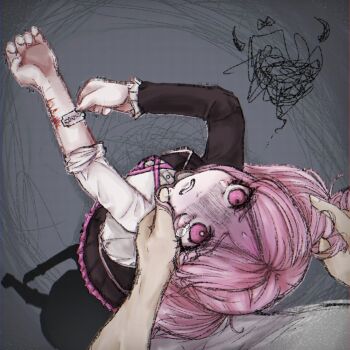 1boy 1girl age_difference black_jacket black_skirt bleeding blood blood_on_arm crying crying_with_eyes_open cuts cutting danganronpa_(series) danganronpa_another_episode:_ultra_despair_girls eyelashes female_focus fingernails frown hand_in_another's_hair hand_on_another's_face hand_on_another's_head highres imaginaryiand injury jacket jacket_partially_removed loli long_hair long_sleeves looking_at_viewer looking_back looking_up matching_hair/eyes multicolored_skirt open_mouth pink_eyes pink_hair pink_skirt pleated_skirt pov pov_hands razor_blade scribble self-harm shirt simple_background skirt sleeves_rolled_up source_request standing teardrop tearing_up tears teeth twintails utsugi_kotoko white_shirt wrist_cutting