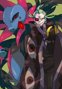 Rule 34 | 1boy, black coat, coat, commentary request, gen 5 pokemon, ghetsis (pokemon), green background, green hair, hydreigon, looking at viewer, male focus, nintendo, outstretched arm, ozato (doituitaria), pokemon, pokemon (creature), pokemon bw2, red eyes, tongue, tongue out