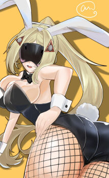 1girl animal_ears ass bad_anatomy blindfold_mask blonde_hair breasts bunny_day commentary_request covered_eyes detached_collar fake_animal_ears hair_ornament highres large_breasts long_hair mask open_mouth pantyhose playboy_bunny ponytail rabbit_ears rabbit_tail rei_(levikirito5) solo tail trigger_(zenless_zone_zero) wrist_cuffs zenless_zone_zero