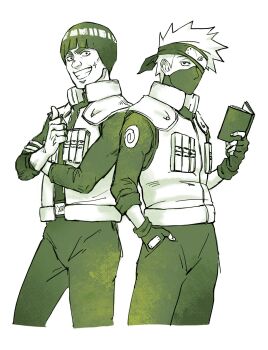 Rule 34 | 2boys, blunt bangs, book, bowl cut, cowboy shot, cropped legs, crossed arms, flak jacket, green theme, grin, hand in pocket, hatake kakashi, headband over one eye, highres, holding, holding book, jacket, konohagakure shinobi uniform, konohagakure symbol, male focus, mask, might guy, monochrome, mouth mask, multiple boys, naruto (series), reading, short hair, sleeves rolled up, smile, sparkle, spiked hair, teeth, thick eyebrows, thumbs up, vest, white background, yase sidec