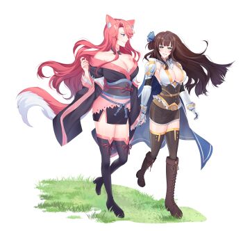 2girls absurdres animal_ears artist_request blue_cape blue_eyes boots bow brown_hair cape ceri_(sakura_dungeon) commission commissioner_upload fox_ears fox_girl fox_tail full_body gauntlets green_eyes hair_bow highres holding_hands japanese_clothes kimono looking_at_another miniskirt multiple_girls non-web_source pink_hair sakura_dungeon skirt tail thighhighs walking yomi_(sakura_dungeon) yuri