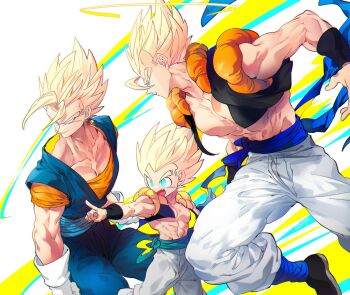 3boys black_vest blonde_hair blue_pants blue_sash blue_shirt cropped_vest dougi dragon_ball dragonball_z father_and_son gogeta gotenks green_eyes group_picture halo highres medium_hair metamoran_vest multiple_boys muscular muscular_male no_shirt ommmyoh pants sash shirt shooting_range spiked_hair super_saiyan super_saiyan_1 trait_connection vegetto vest white_pants yellow_halo
