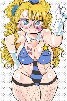 1girl asymmetrical_hair bespectacled bikini blonde_hair blue_bikini blue_eyes blush body_writing breasts bright_pupils cleavage condom detached_collar earrings fishnet_thighhighs fishnets glasses gloves hair_bun hair_ornament hair_scrunchie hat holding holding_condom jewelry kiliu large_breasts long_hair looking_at_viewer necktie one_side_up pink-framed_eyewear police police_uniform scrunchie single_side_bun smile solo stud_earrings sweat swimsuit thick_thighs thighhighs thighs used_condom white_gloves white_pupils