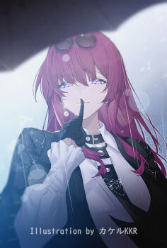 1girl alternate_costume alternate_hair_length alternate_hairstyle artist_name black_gloves black_jacket black_necktie breasts eyewear_on_head finger_to_mouth glasses gloves hand_up highres honkai:_star_rail honkai_(series) index_finger_raised jacket kafka_(honkai:_star_rail) long_hair looking_at_viewer medium_breasts necktie outdoors pince-nez purple_eyes purple_hair rain round_eyewear shirt shushing solo srpzk sunglasses umbrella upper_body white_shirt