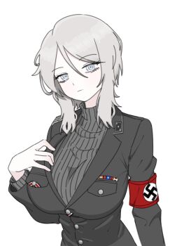 1girl armband black_cat03 black_jacket breasts closed_mouth collar_tabs faust_(project_moon) grey_eyes grey_hair grey_sweater hair_between_eyes highres jacket large_breasts limbus_company long_hair looking_at_viewer military_dress_uniform military_uniform nazi project_moon red_armband simple_background solo ss_uniform swastika sweater turtleneck turtleneck_sweater waffen-ss white_background