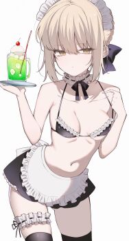 1girl apron artoria_pendragon_(fate) bare_shoulders bikini black_bikini black_ribbon black_skirt black_thighhighs blonde_hair blush braid breasts choker cleavage commentary_request cup drinking_straw fate/grand_order fate_(series) food frilled_choker frilled_thigh_strap frills hair_bun hair_ribbon highres ice ice_cream ice_cream_float ice_cube long_hair looking_at_viewer maid maid_bikini maid_headdress mati5572 melon_soda mug navel ribbon saber_alter saber_alter_(swimsuit_rider)_(second_ascension) sidelocks skindentation skirt small_breasts soda solo swimsuit thigh_strap thighhighs thighs unconventional_maid waist_apron white_apron yellow_eyes