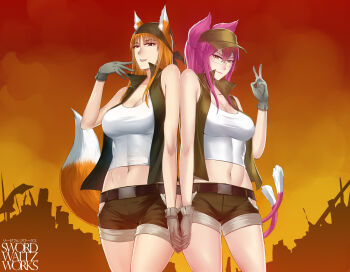 Rule 34 | 2girls, animal ears, bandana, bare shoulders, baseball cap, belt, belt buckle, black belt, blazblue, breasts, brown hair, brown vest, buckle, cat tail, character request, cleavage, cleavage cutout, clothing cutout, collarbone, commission, cosplay, cowboy shot, gloves, grey gloves, hat, highres, holding hands, holo, kokonoe (blazblue), large breasts, looking at viewer, metal slug, multiple girls, multiple tails, navel, orange background, orange eyes, pink hair, red eyes, shorts, skin tight, spice and wolf, swordwaltz, tail, tank top, thigh cutout, thighs, vest, white tank top, wolf ears, wolf girl, wolf tail