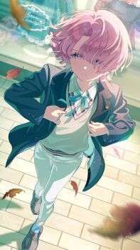 arimura_mao brown_hair collared_shirt english_text gakuen_idolmaster game_cg glass idolmaster jacket leaf neck_ribbon official_art pants purple_eyes ribbon shirt sweater_vest white_pants