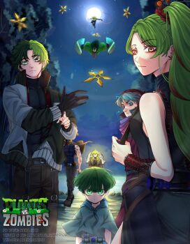 1girl 6+boys adjusting_clothes adjusting_gloves ahoge armlet arrow_(projectile) baggy_clothes bags_under_eyes bare_shoulders belt belt_buckle belt_pouch black_bag black_belt black_collar black_gloves black_pants black_shirt black_straps black_tank_top blonde_hair blover_(plants_vs._zombies) blue_neckerchief blue_pants blue_shirt blue_shorts boots breasts brown_belt brown_coat brown_hat buckle cactus cactus_(plants_vs._zombies) chain chest_strap child closed_mouth clothes_pull clothing_cutout clover club_(shape) coat collar collared_shirt colored_tips combat_boots commentary_request covered_mouth cowboy_shot crop_top curtained_hair ear_piercing earrings eyelashes eyeshadow facing_viewer female_focus fingernails food frilled_hairband frills fruit glasses gloves glowing glowing_hair green_coat green_eyes green_hair green_jacket green_skirt grey_belt grey_shirt hair_between_eyes hair_slicked_back hairband hand_fan hand_up hands_up hat heterochromia high_collar highres holding holding_fan holding_weapon humanization jack-o&#039;-lantern jacket jewelry jingasa jitome kneehighs long_hair long_skirt long_sleeves looking_at_viewer makeup male_focus mask medium_breasts medium_hair moon multicolored_hair multicolored_jacket multiple_boys muscular muscular_arms muscular_male nail_polish neck_strap neckerchief night night_sky ninja o-ring open_clothes open_jacket orange_eyes orange_hair orange_hairband orange_mask outdoors oversized_clothes oversized_coat oversized_jacket pants pectorals personification piercing plantern_(plants_vs._zombies) plants_vs._zombies pouch pumpkin pumpkin_(plants_vs._zombies) pumpkin_mask quiver red_eyeshadow red_hair red_hairband red_jacket red_nails reka-san sea-shroom_(plants_vs_zombies) sharp_fingernails shirt short_hair shorts shuriken simple_background single_glove skin_tight skin_tight_clothing skirt skirt_cutout sky sleeveless sleeveless_shirt socks spiked_armlet spiked_ear_piercing spiked_hair spikes split_pea_(plants_vs_zombies) star_(symbol) starfruit starfruit_(plants_vs_zombies) strap straps_across_chest suspenders suspenders_under_shirt tank_top thigh_cutout thigh_strap thighs throwing throwing_weapon toned toned_male toned_stomach tree trench_coat turtleneck turtleneck_shirt two-tone_hair undershirt veil very_long_hair weapon white_hair white_jacket white_shirt white_veil yellow_eyes