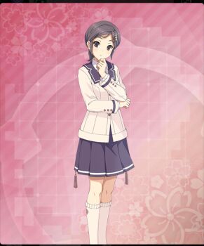 1girl black_shoes blazer blue_skirt buttons closed_mouth dot_nose feet_out_of_frame floral_background game_cg hand_on_own_chin hand_up head_tilt jacket layered_sleeves long_sleeves looking_at_viewer low_ponytail medium_hair necktie official_art parted_bangs pink_background ponytail purple_eyes renpu_girls_school_uniform ring_hair_ornament school_uniform shirt shoes short_ponytail sidelocks skirt socks solo tamaki_marie tassel third-party_source toji_no_miko toji_no_miko:_kizamishi_issen_no_tomoshibi white_jacket white_shirt white_socks yellow_necktie