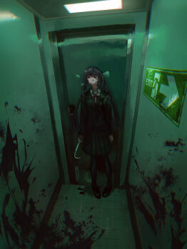 1girl asano_(kazusasn) black_hair black_pantyhose blazer blood blood_on_face blood_on_ground blood_on_wall chromatic_aberration door exit_sign hallway heavy_breathing highres holding holding_lead_pipe implied_murder indoors jacket lapels lead_pipe open_mouth original pantyhose pleated_skirt skirt solo standing tile_floor tiles twintails